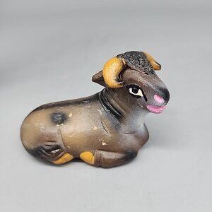 VINTAGE NATIVITY CHALKWARE COW Bull Ceramic 4" Brown